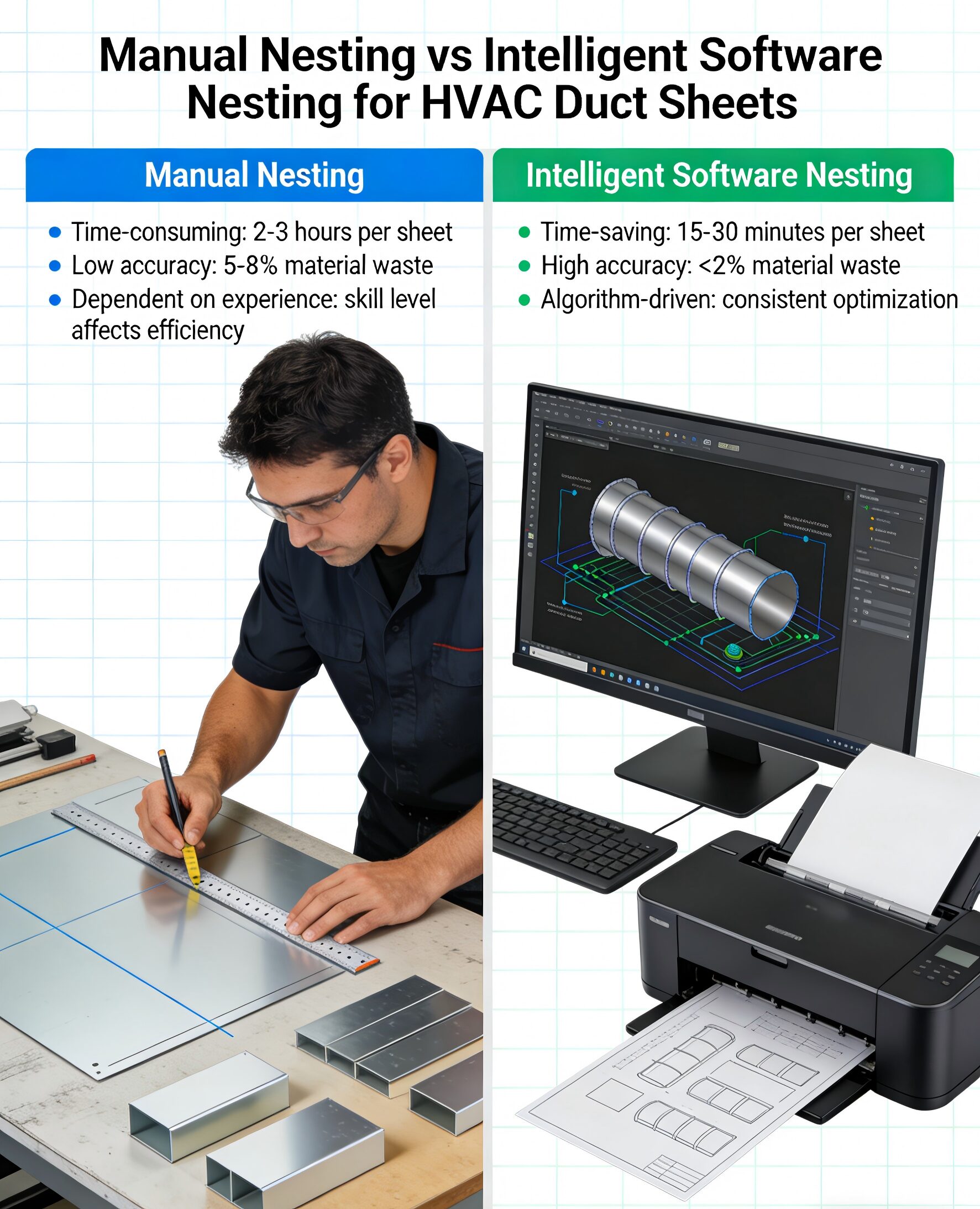 Figure 8 Manual Nesting vs. Intelligent Software Nesting for HVAC Duct Sheets